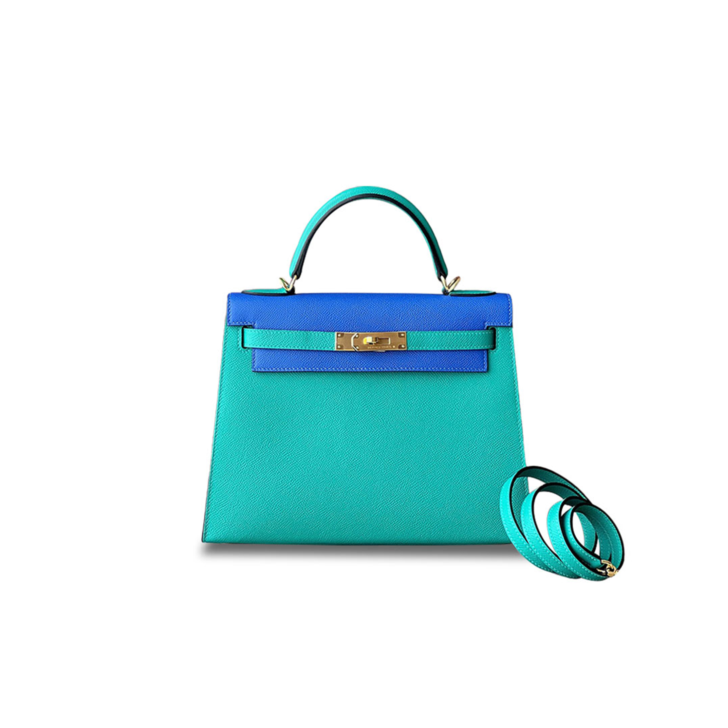 HERMÈS MASTER KELLY 25 EPSOM VERONA GREEN AND GLAZED BLUE GOLD BUCKLE (25*17*7cm) 
